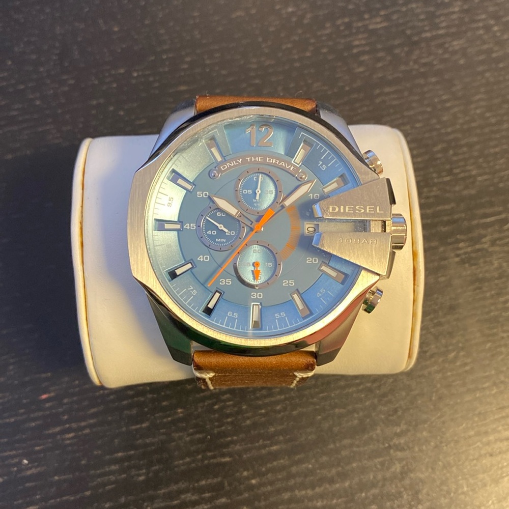 Diesel Men's Mega Chief Chronograph Blue Dial Brown Leather Watch